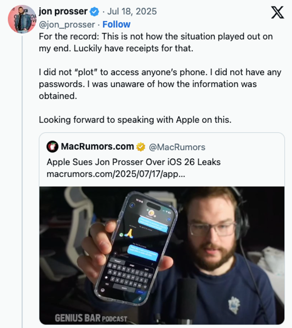 Apple kontra Jon Prosser – przeciek iOS 26 kończy się pozwem. Poznaj kulisy sprawy, reakcję YouTubera i zarzuty o kradzież danych.