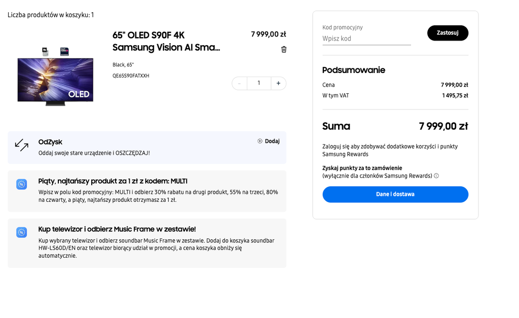 Samsung OLED S90F 65” – promocja z gratisowym Music Frame. Obraz 4K OLED i dźwięk Dolby Atmos w zestawie bez dodatkowych kosztów.