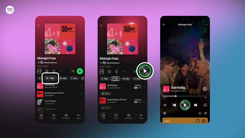 Spotify Mix: customize playlists like never before. Fade, Rise, EQ, and sound wave visualization. Create unique mixes and share them.