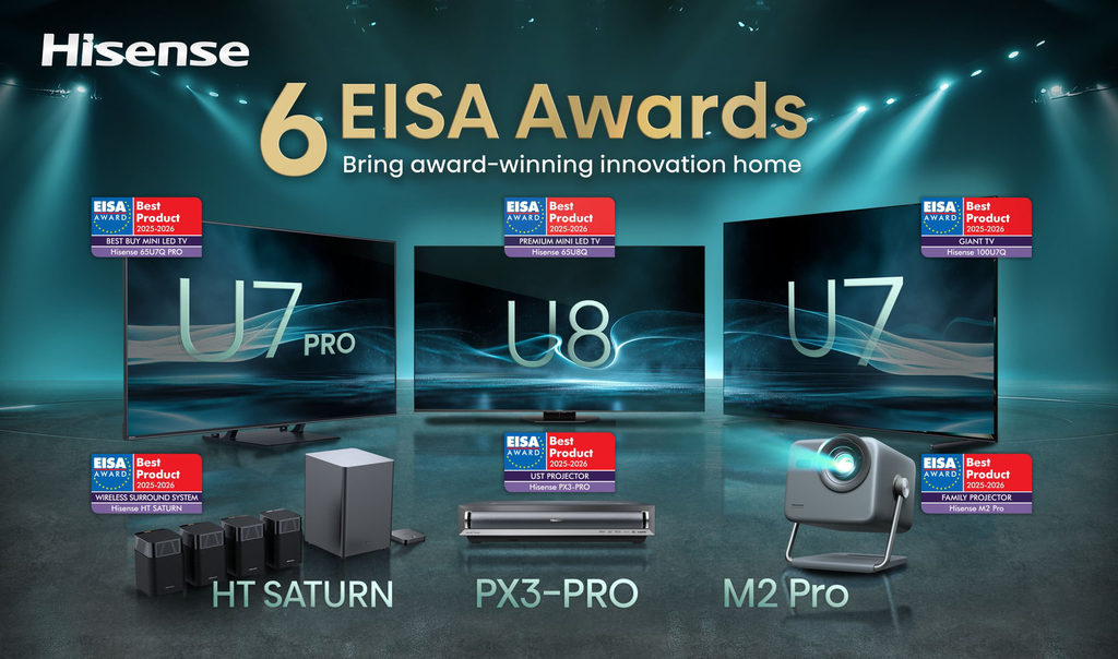 Hisense wins 6 EISA Awards 2025–2026! Mini LED TVs, 4K projectors and HT Saturn audio system set new standards for home entertainment.