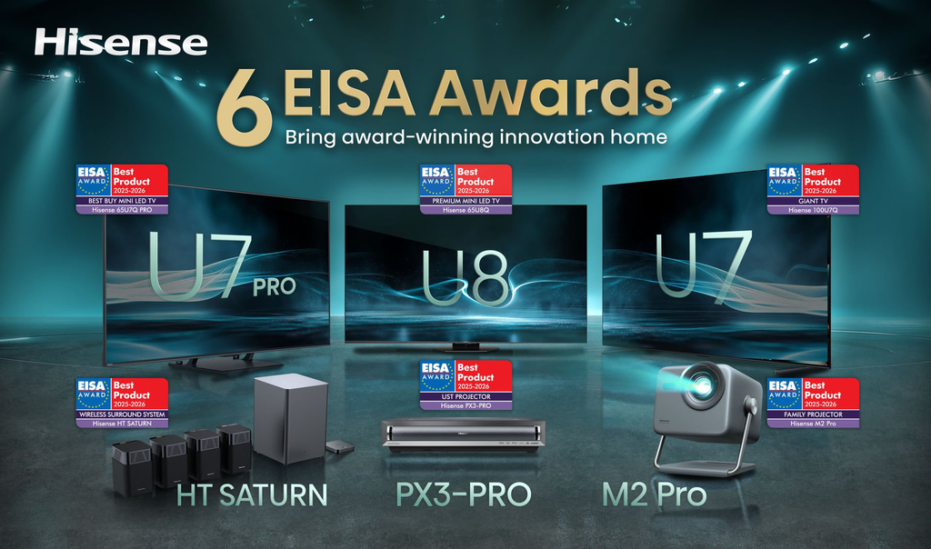 Hisense holt 6 EISA Awards 2025–2026! Mini-LED-TVs, 4K-Projektoren und das HT-Saturn-Audiosystem definieren Home Entertainment neu.
