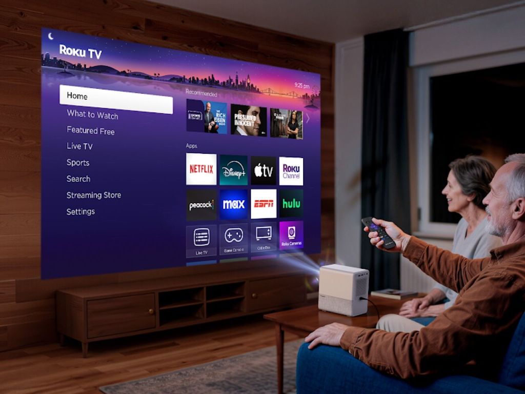 Aurzen Roku TV Smart Projector – pierwszy natywny projektor Roku. Automatyczny focus, Full HD i aplikacje streamingowe wbudowane.