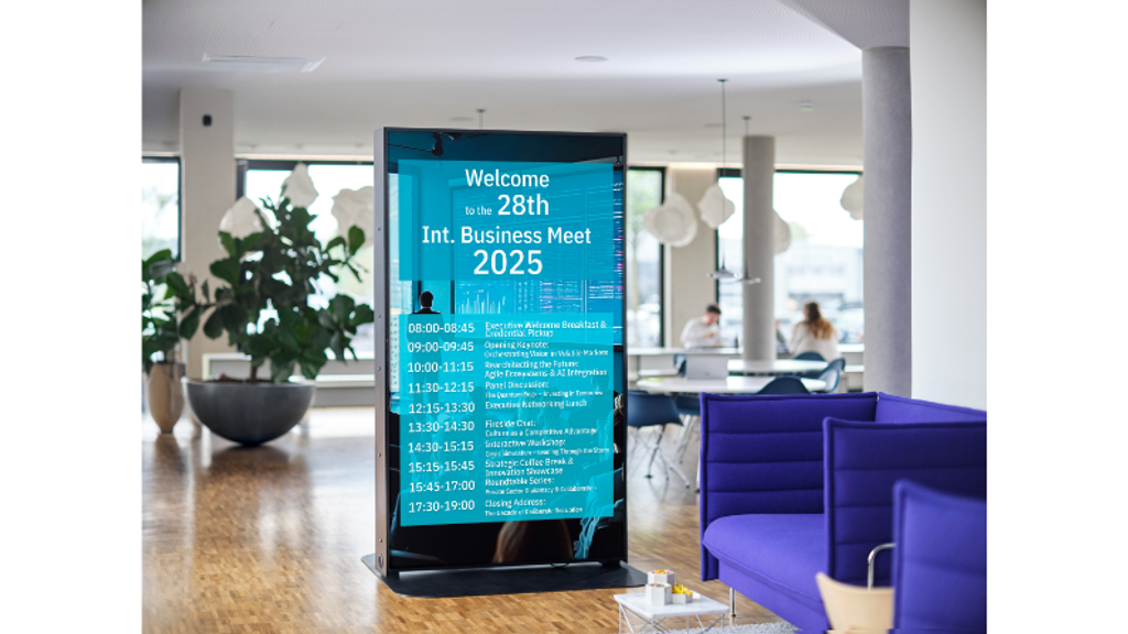 Premium kiosk Sony BRAVIA BZ53L 98”. Elegant Celexon installation, CMS connectSignage and three-year support from Sony.