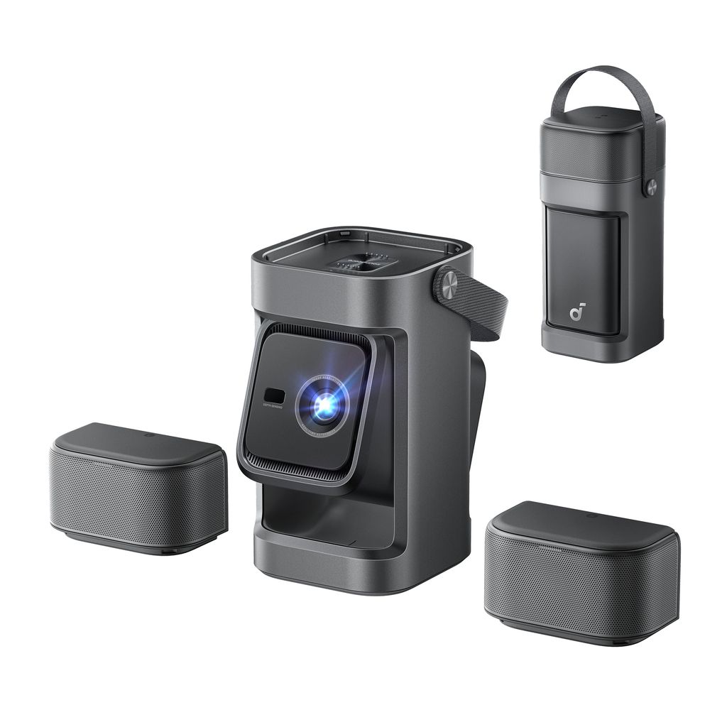 Anker Nebula P1 with detachable Bluetooth speakers and 1080p image up to 180”. A wireless home cinema with Google TV and a free 100” screen.