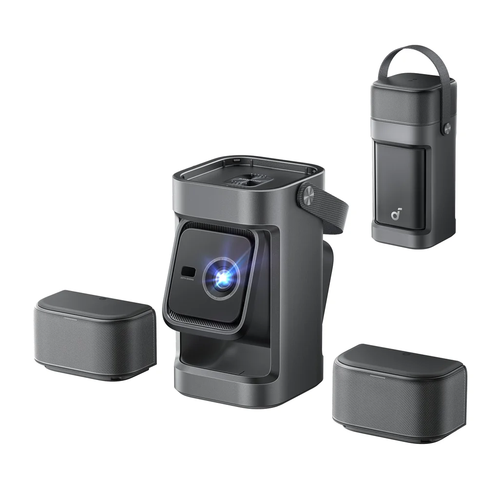 Anker Nebula P1 mit abnehmbaren Bluetooth-Lautsprechern und 1080p-Bild bis zu 180”. Kabelloses Heimkino mit Google TV und kostenloer 100”-Leinwand.