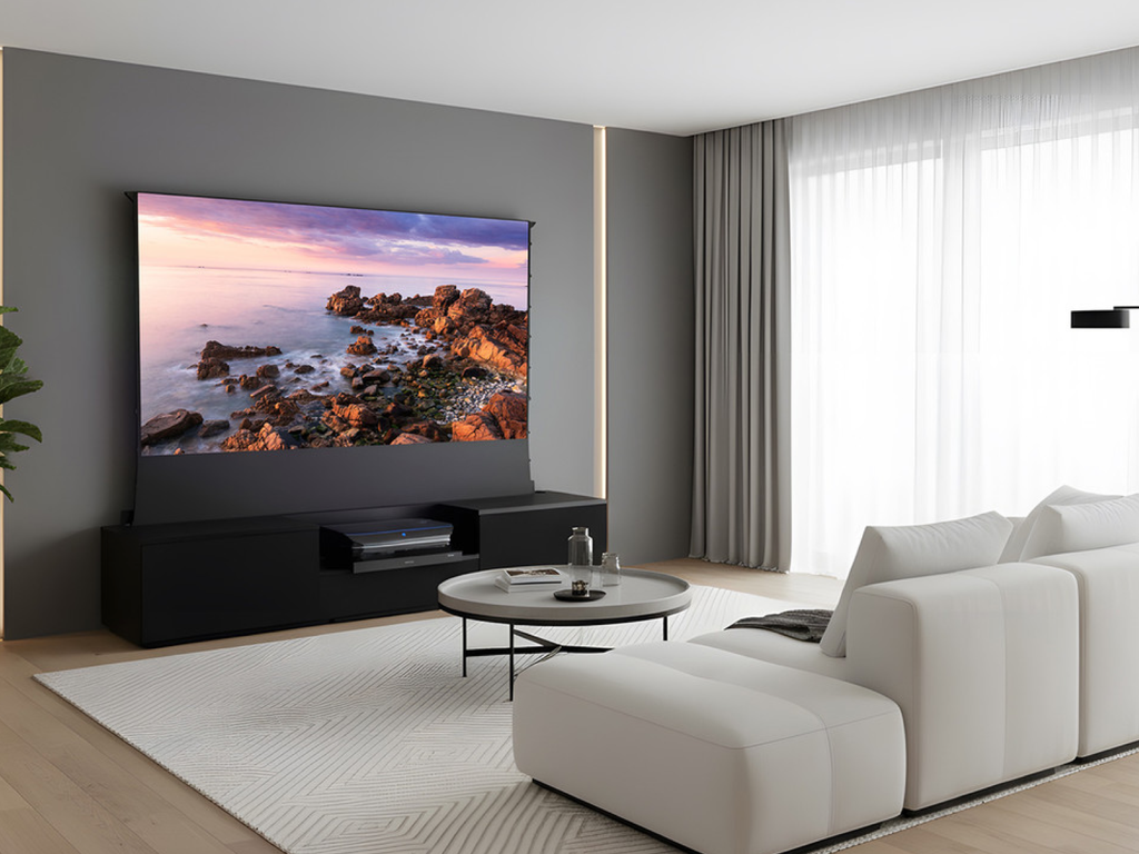 NorStone Eden Vision łączy projektor UST i ekran ALR w jednym meblu. Idealne minimalistyczne kino domowe dla nowoczesnego salonu.