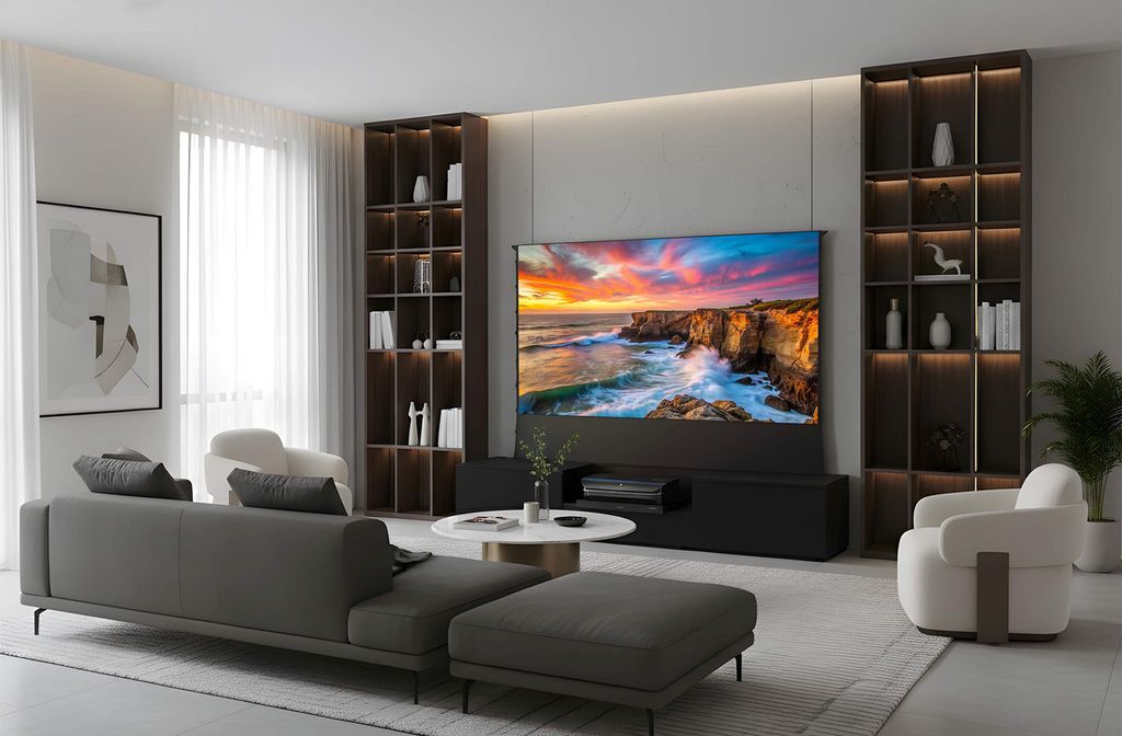 Minimalistyczne kino domowe z NorStone Eden Vision – projektor UST, ekran ALR i elegancki mebel RTV w jednym rozwiązaniu premium.