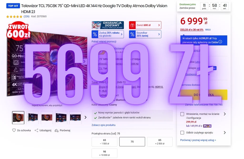 TCL C8K 75” taniej niż 6000 zł – sprawdź, jak połączyć raty 0% i cashback, aby obniżyć cenę z 6999 zł do około 5699 zł. Duży Mini-LED z 144 Hz i Dolby Vision w rekordowej ofercie.