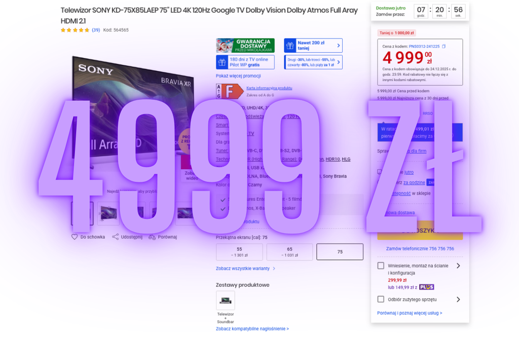 Sony Bravia XR 75” w promocji – duży ekran 4K z procesorem Cognitive Processor XR, 120 Hz i Dolby Vision taniej z 5999 zł na 4999 zł. Sprawdź szczegóły oferty.