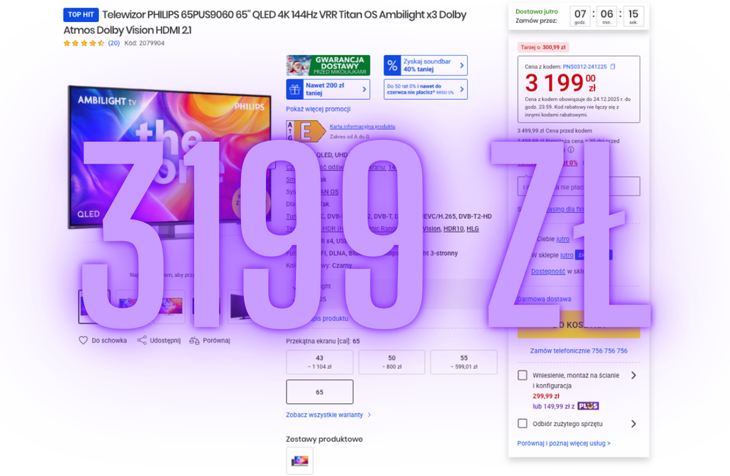 Philips PUS9060 65” taniej – QLED 4K 144 Hz z Ambilight przeceniony z 3499 zł na 3199 zł. Sprawdź szczegóły promocji i możliwości telewizora.