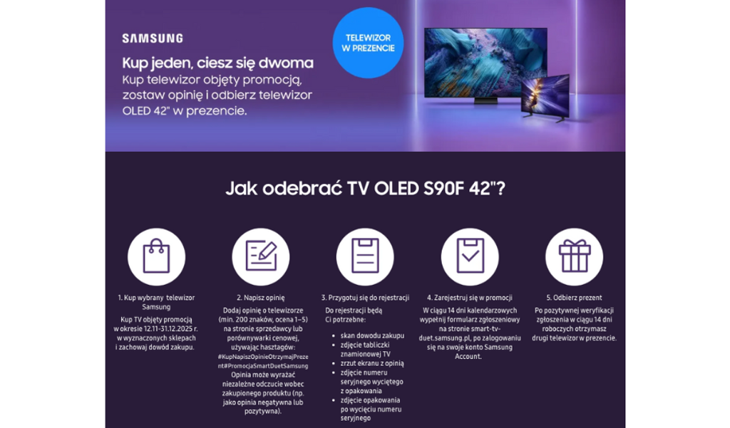 Samsung QN80F 100″ – wielki ekran, wielki rabat! Oszczędź 1600 zł dzięki akcji rabatowej i zyskaj telewizor S90F 42″ za darmo. Idealna oferta dla fanów kina domowego i gamingu.