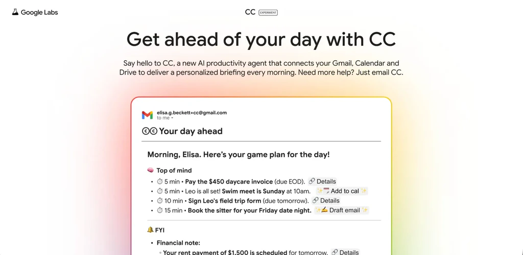 Google testuje CC, nowego asystenta AI opartego na Gemini. Eksperymentalny agent z Google Labs wysyła codzienny e-mail z podsumowaniem dnia, zadaniami i kalendarzem.