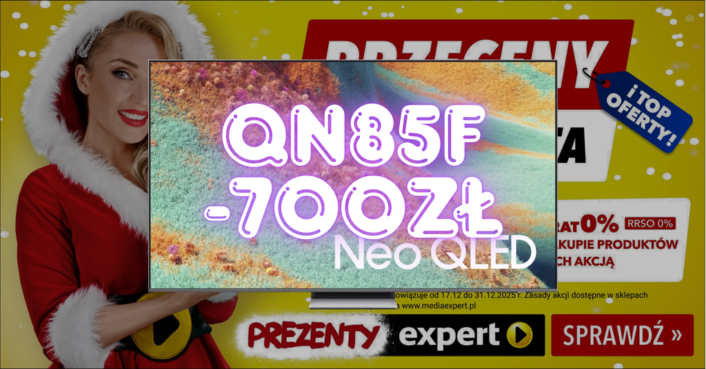 Samsung QN85F 65” to nowoczesny telewizor QD-Mini LED 4K z matrycą 144 Hz, HDMI 2.1 i VRR. Teraz w promocji za 4299 zł zamiast 4999 zł. Sprawdź pełną recenzję i szczegóły modelu.