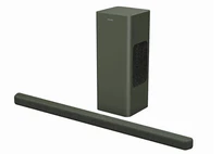 Philips B8200 soundbar with a 2.1 setup and a dedicated subwoofer, designed for larger TVs with a central stand.