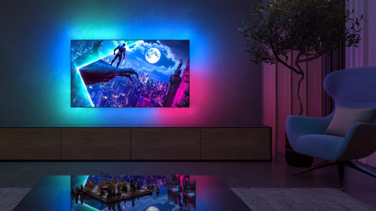 Philips 950 – telewizor premium z technologią OLED i Ambilight Zdjęcie przedstawia telewizor Philips 950, flagowy model OLED z nieskończonym kontrastem, realistycznym odwzorowaniem kolorów i technologią Ambilight, która rozszerza wrażenia wizualne poza ekran. Dzięki wsparciu Dolby Vision i HDR10+, zapewnia kinową jakość obrazu. Smukła konstrukcja i nowoczesny design czynią go ozdobą każdego wnętrza.
