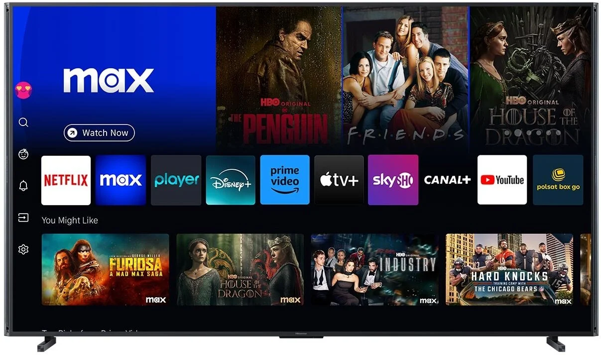 Hisense UXNQ 110” działa na systemie VIDAA, oferując szybki dostęp do aplikacji, 144 Hz odświeżania i nowoczesne funkcje Smart TV dla wymagających użytkowników.