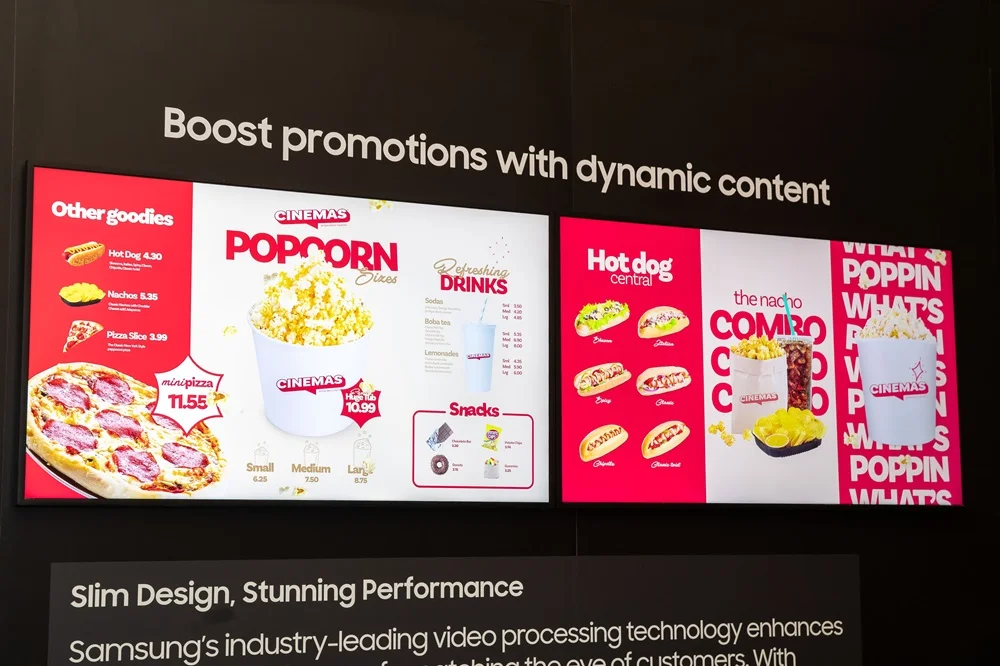 Samsung's colourful E-Paper screens at CinemaCon 2025 – an energy-efficient alternative to paper posters and advertisements in cinema foyers.