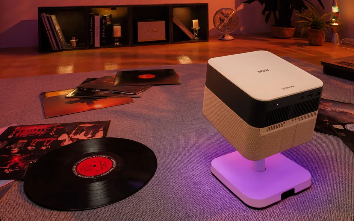 Projektor Epson EF-51 4K UHD z HDR i głośnikami Dolby Atmos. Android TV, Bluetooth i oświetlenie LED – idealny do filmów i sypialni.
