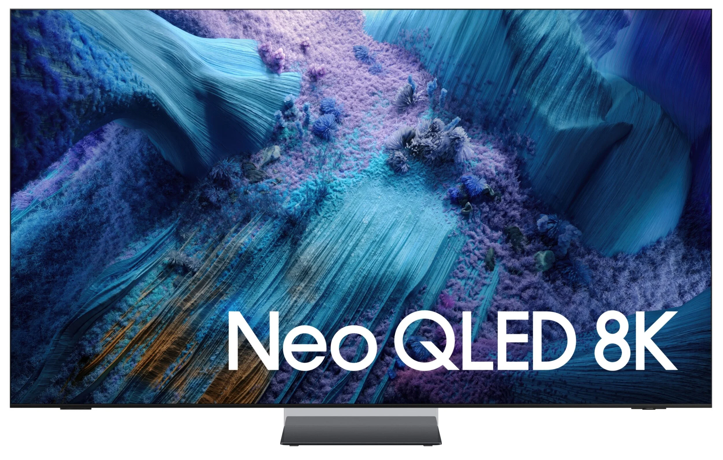 Samsung QN990F z bezramkowym ekranem i lustrzaną podstawą – nowoczesny, elegancki design klasy premium.