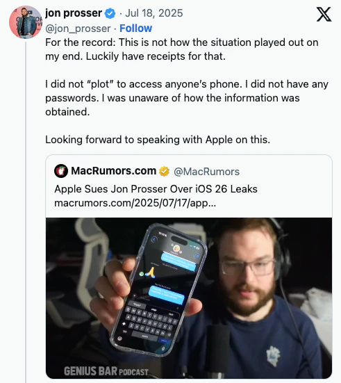 Apple kontra Jon Prosser – przeciek iOS 26 kończy się pozwem. Poznaj kulisy sprawy, reakcję YouTubera i zarzuty o kradzież danych.