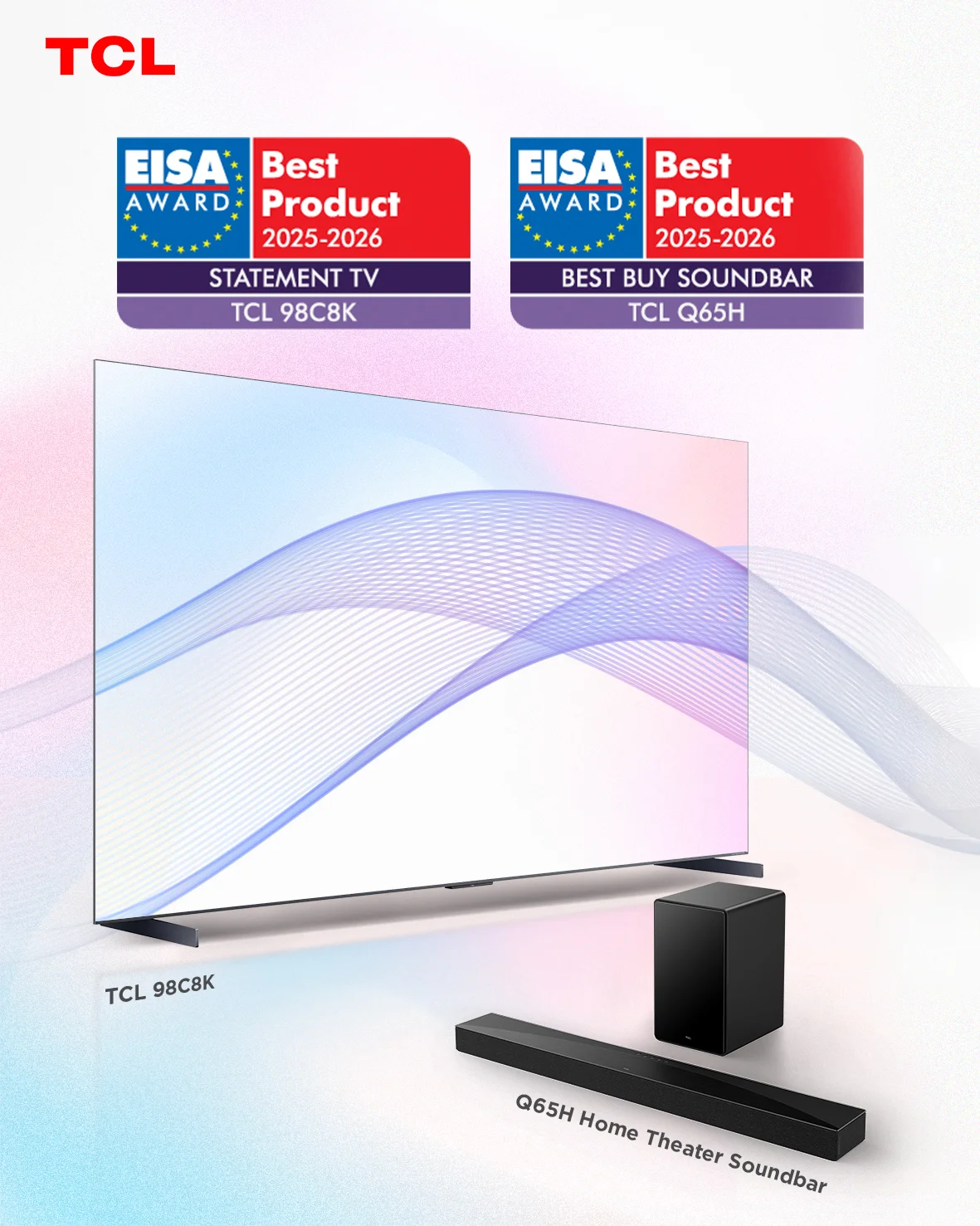 EISA 2025–2026: TCL triumfuje z pięcioma nagrodami. Najlepsze telewizory i soundbar Q65H oferują kinową jakość w domu.