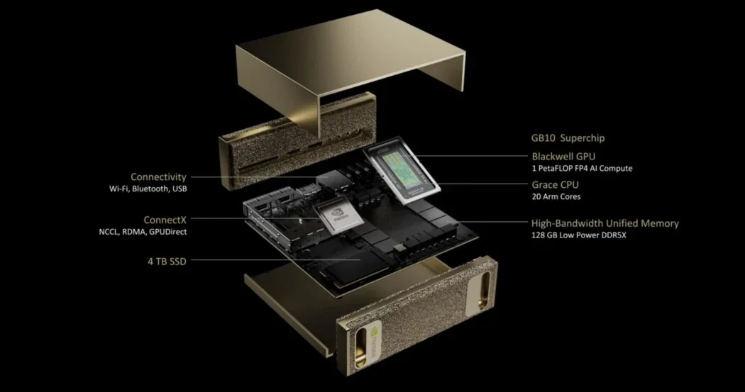 DGX Spark od NVIDIA – kompaktowy superkomputer AI z 128 GB pamięci i 1 PFLOP wydajności. Idealny do trenowania modeli lokalnie bez centrum danych.