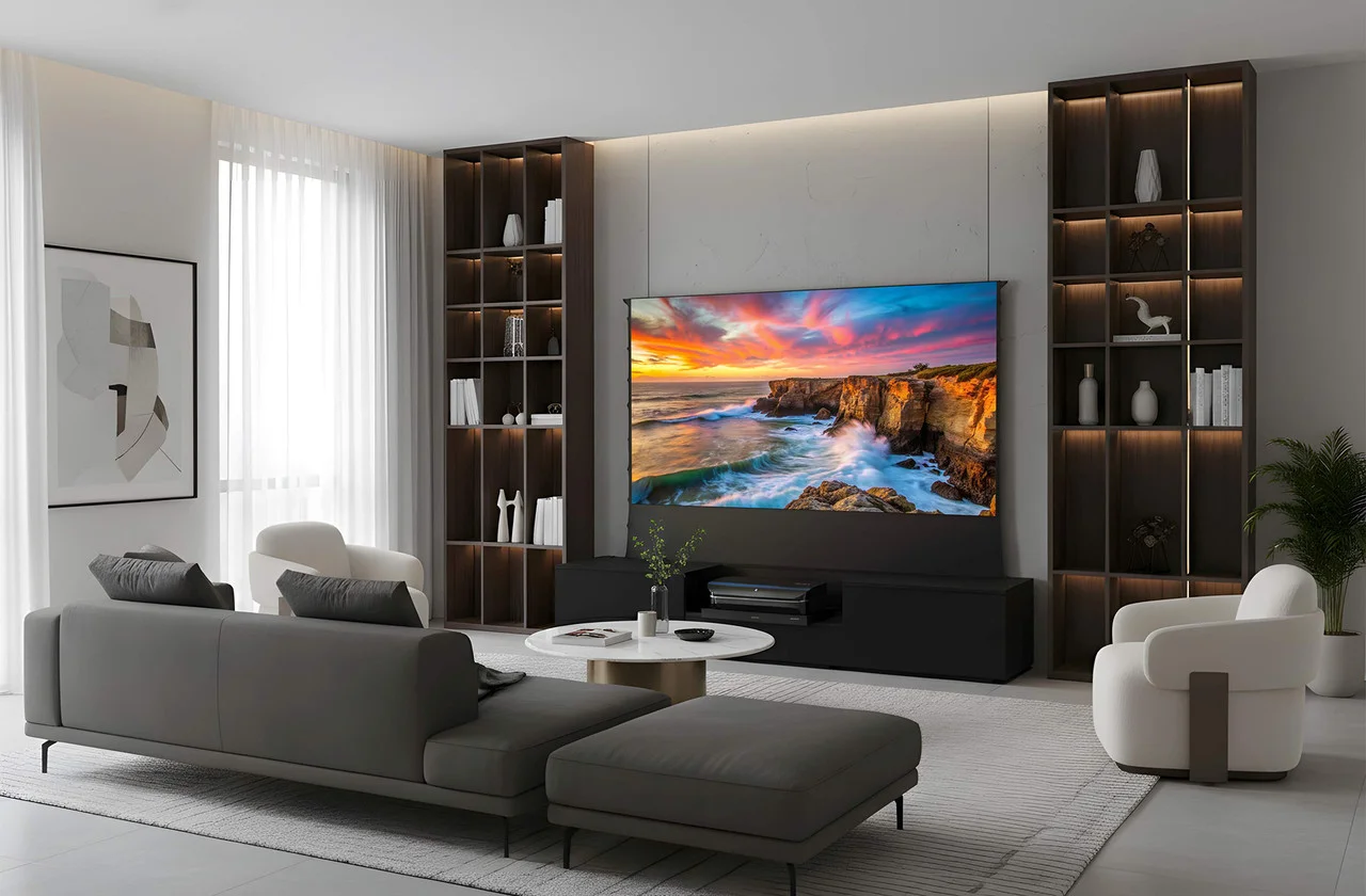 Minimalist home cinema from NorStone Eden Vision – UST projector, ALR screen and elegant RTV furniture in one premium solution.