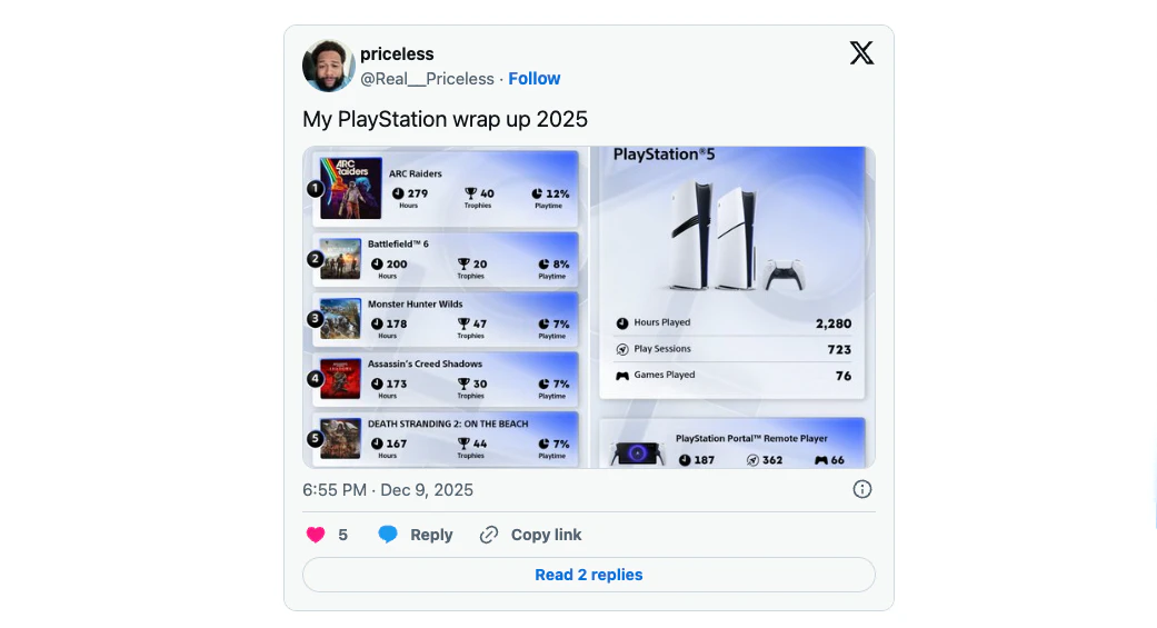 PlayStation Wrap-Up 2025 fasst dein Gaming-Jahr zusammen: Stunden in Death Stranding 2, Top-Spiele, Aktivität in PS VR2 und PlayStation Portal. Überprüfe deine digitalen Errungenschaften und teile sie in den sozialen Medien.