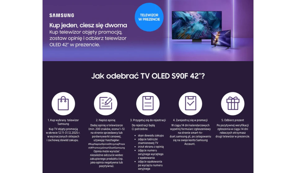 Samsung QN80F 100″ – wielki ekran, wielki rabat! Oszczędź 1600 zł dzięki akcji rabatowej i zyskaj telewizor S90F 42″ za darmo. Idealna oferta dla fanów kina domowego i gamingu.
